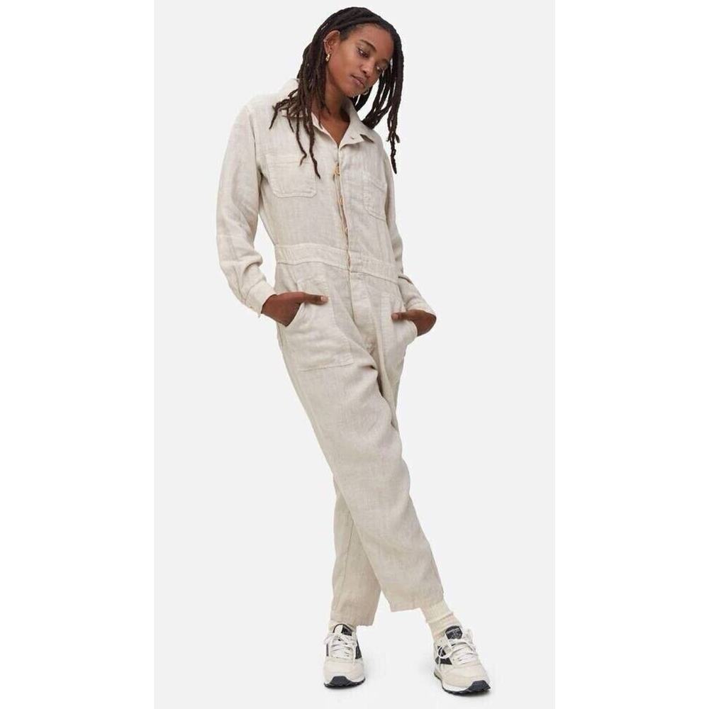 Mate The Label Linen Jumpsuit Long Sleeves Button Front Pockets Beige Small NWOT